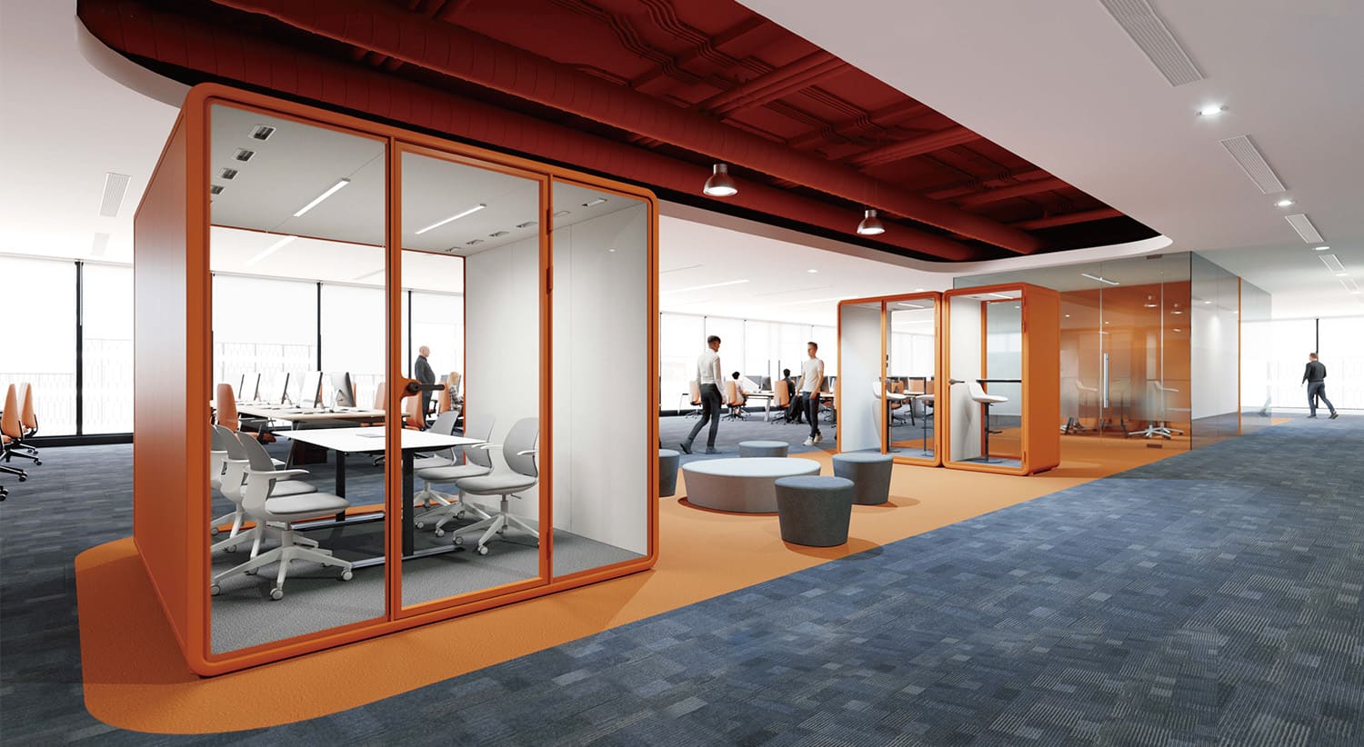 ICON’s sound proof pods seamlessly integrated into a dynamic mixed-use workspace, balancing privacy with openness through bold design.